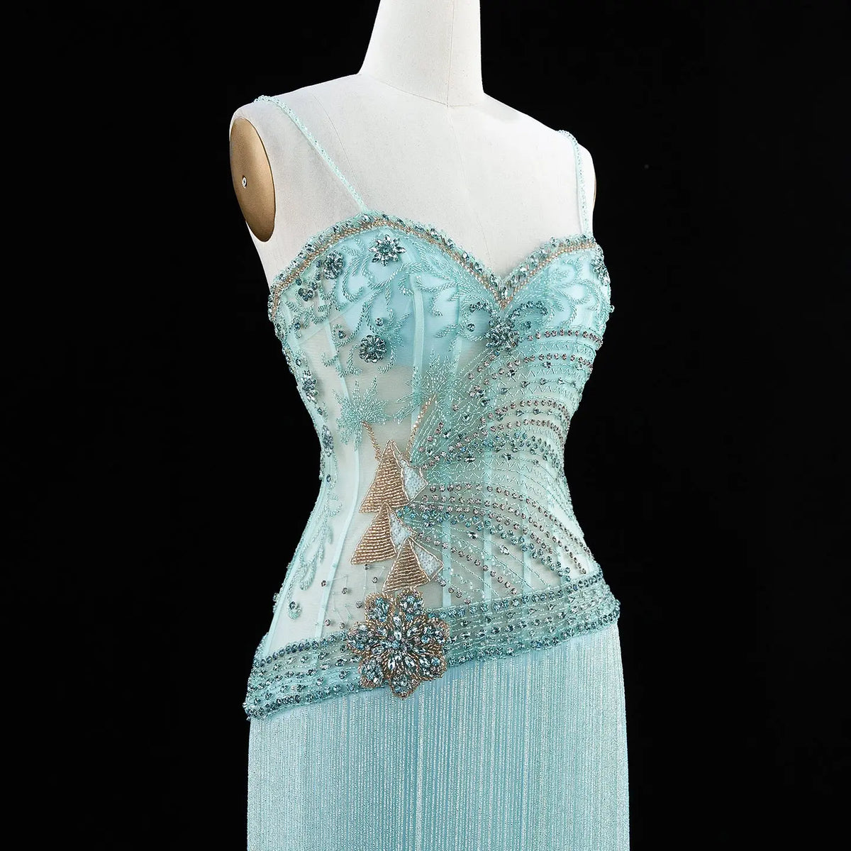 Aqua Fringe Beaded Corset Formal Evening Dress SS202-4