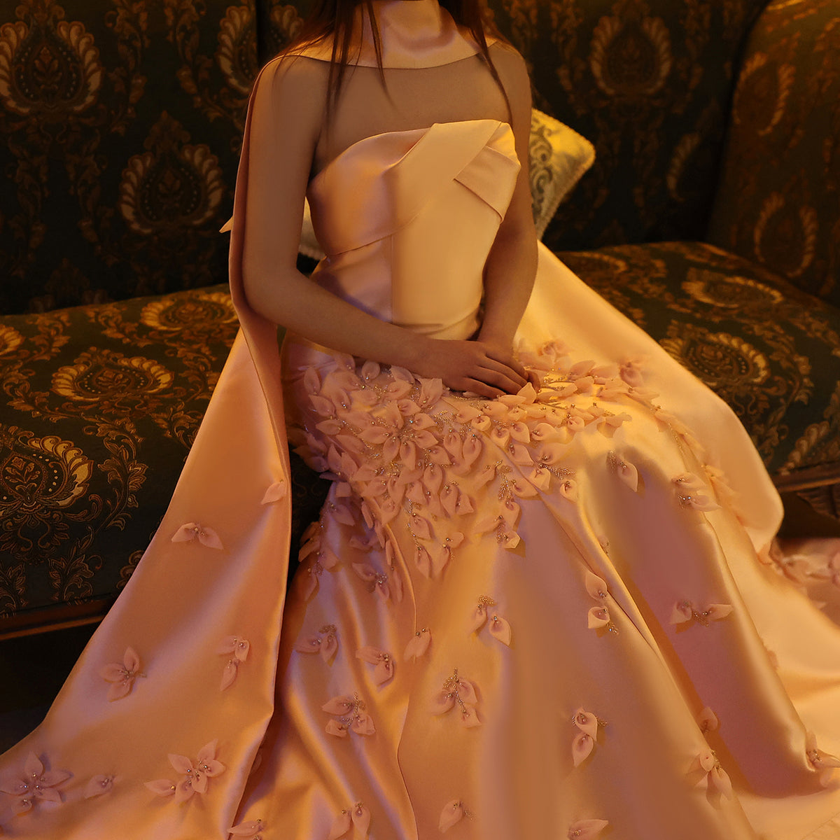 Sharon Said Luxus 3D Blätter Erröten Rosa Satin Meerjungfrau Abendkleid mit Cape Dubai Arabisch Frauen Hochzeit Prom Party Kleider SS463