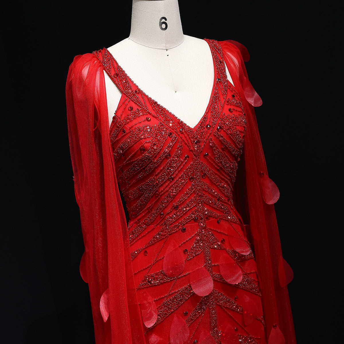 Luxury Wine Red Beaded Feathers Evening Dress with Cape Sleeves SS283 