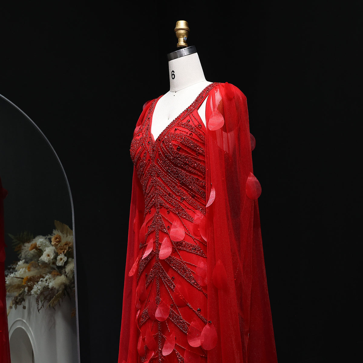 Luxury Wine Red Beaded Feathers Evening Dress with Cape Sleeves SS283 