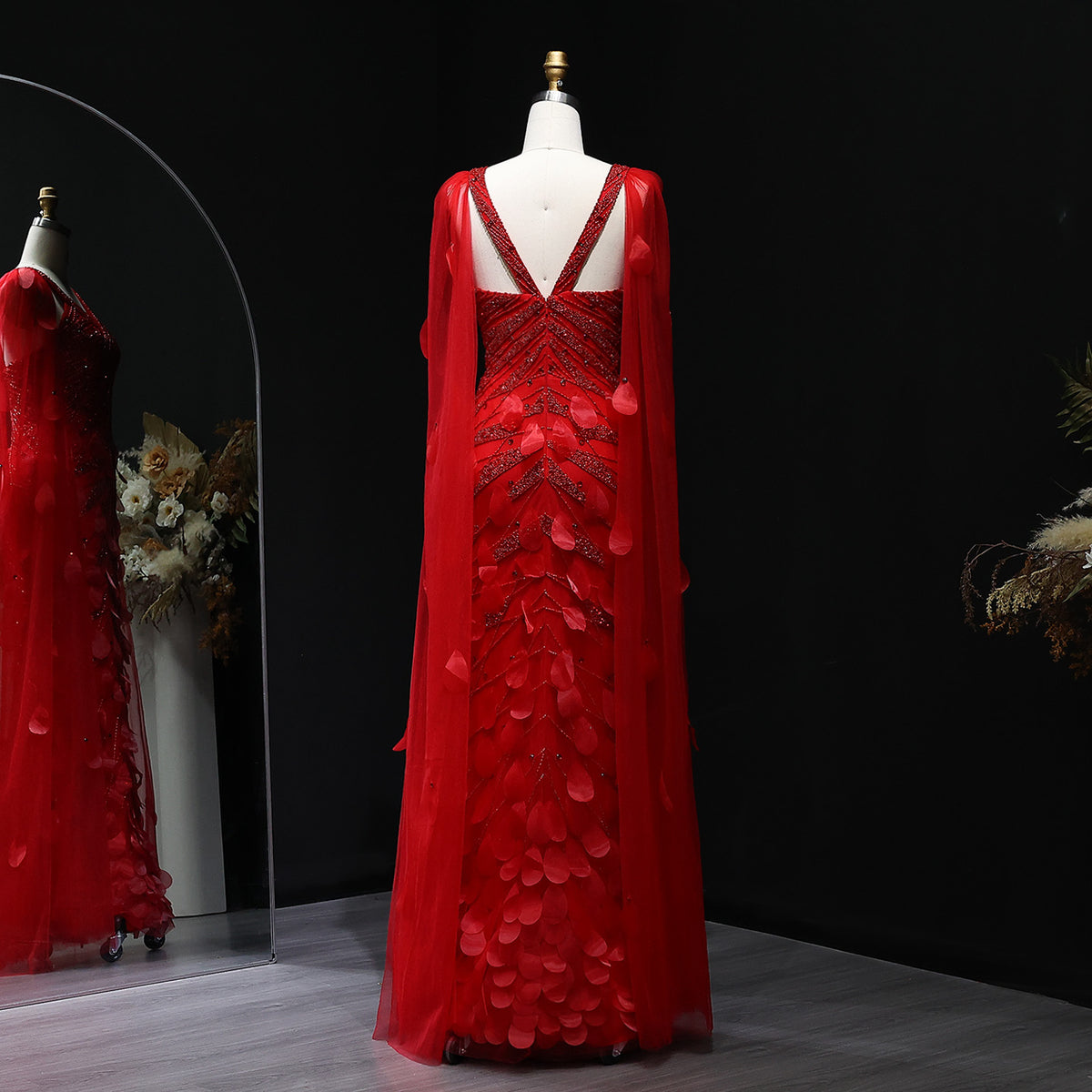 Luxury Wine Red Beaded Feathers Evening Dress with Cape Sleeves SS283 