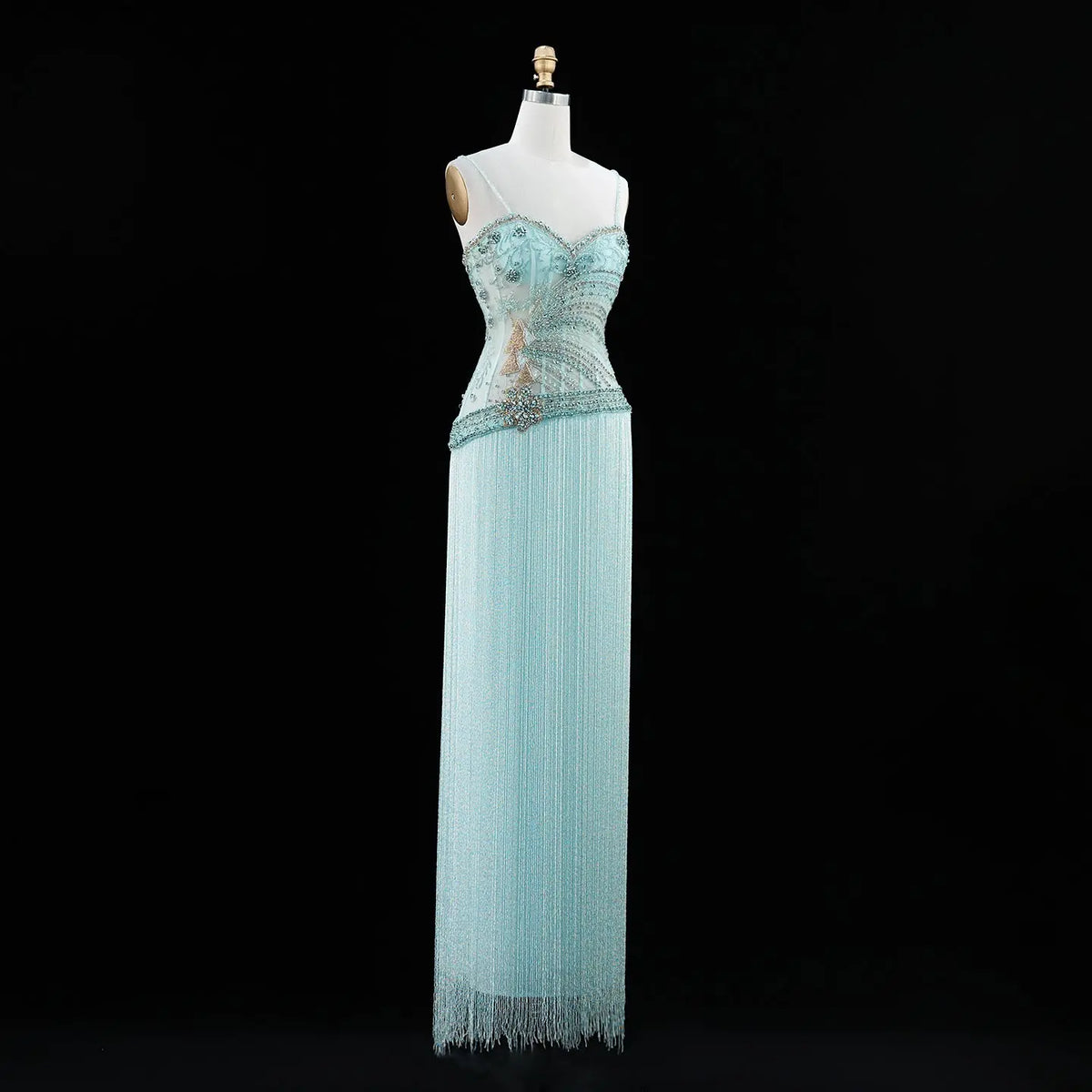 Aqua Fringe Beaded Corset Formal Evening Dress SS202-5