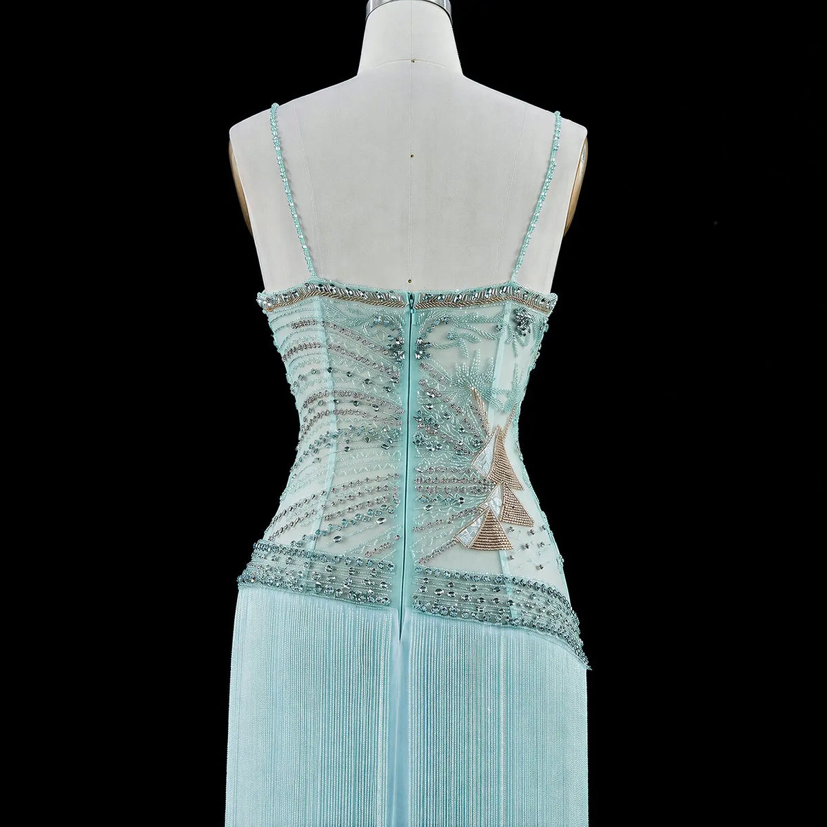 Aqua Fringe Beaded Corset Formal Evening Dress SS202-7
