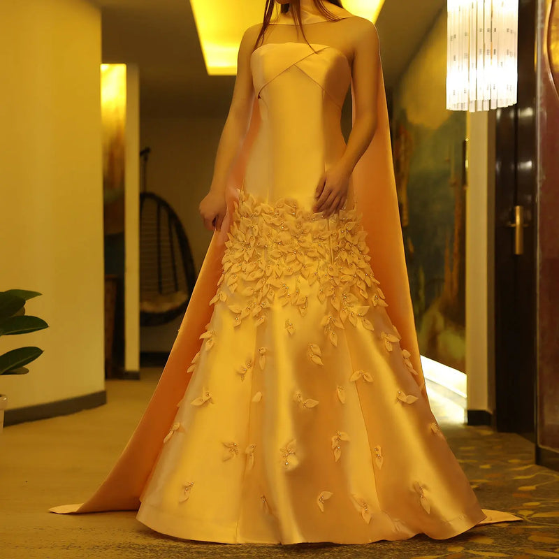 Luxury 3D Leaves Pink Satin Evening Dress with Cape SS463 