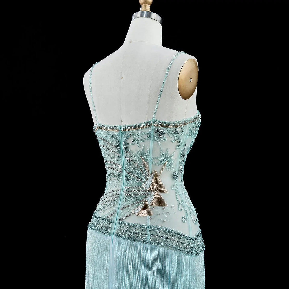 Aqua Fringe Beaded Corset Formal Evening Dress SS202-8