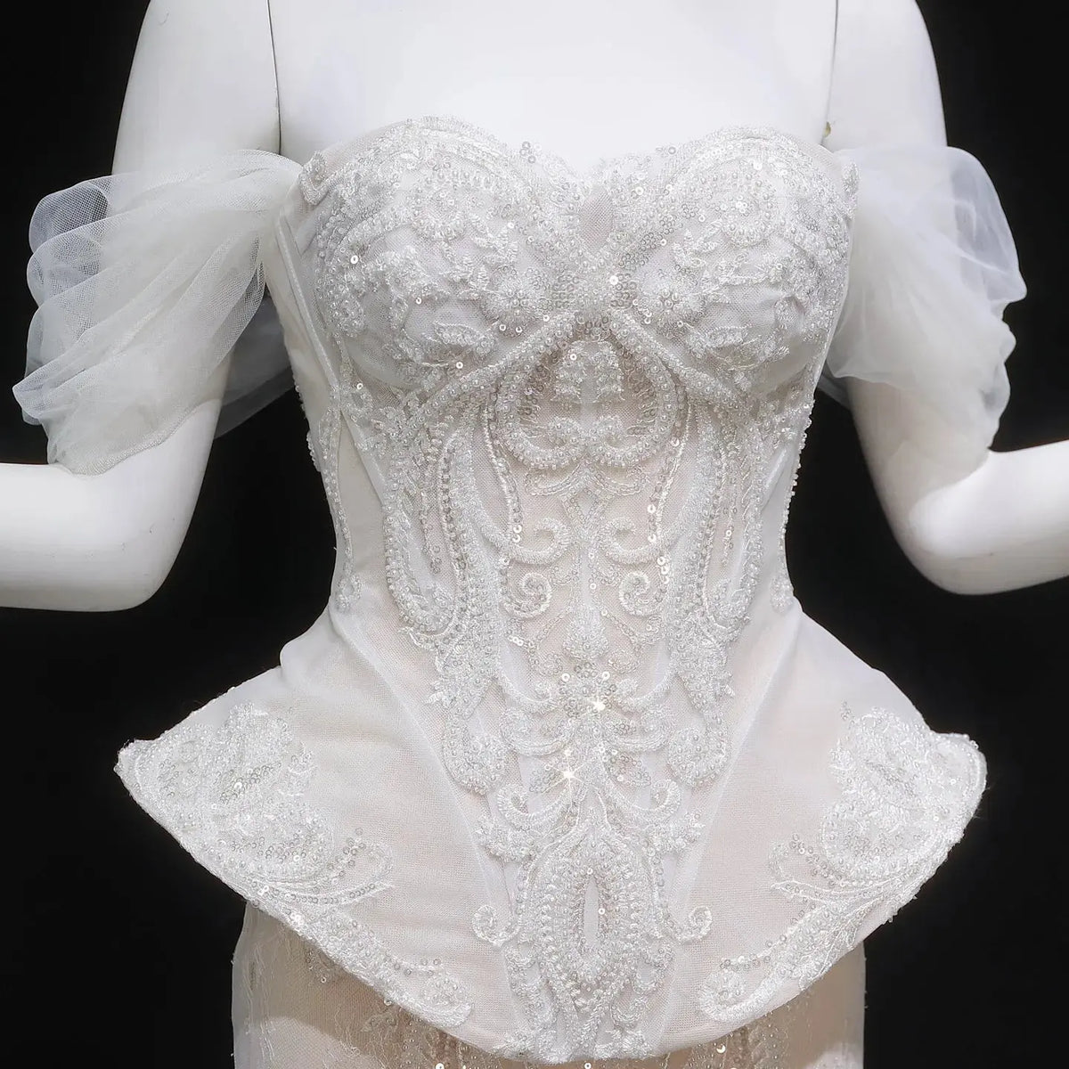 Luxury Off-the-Shoulder Lace Corset Tulle Train Wedding Dress SW126 