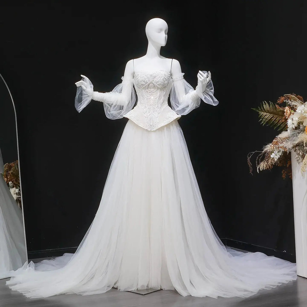 Luxury Off-the-Shoulder Lace Corset Tulle Train Wedding Dress SW126 