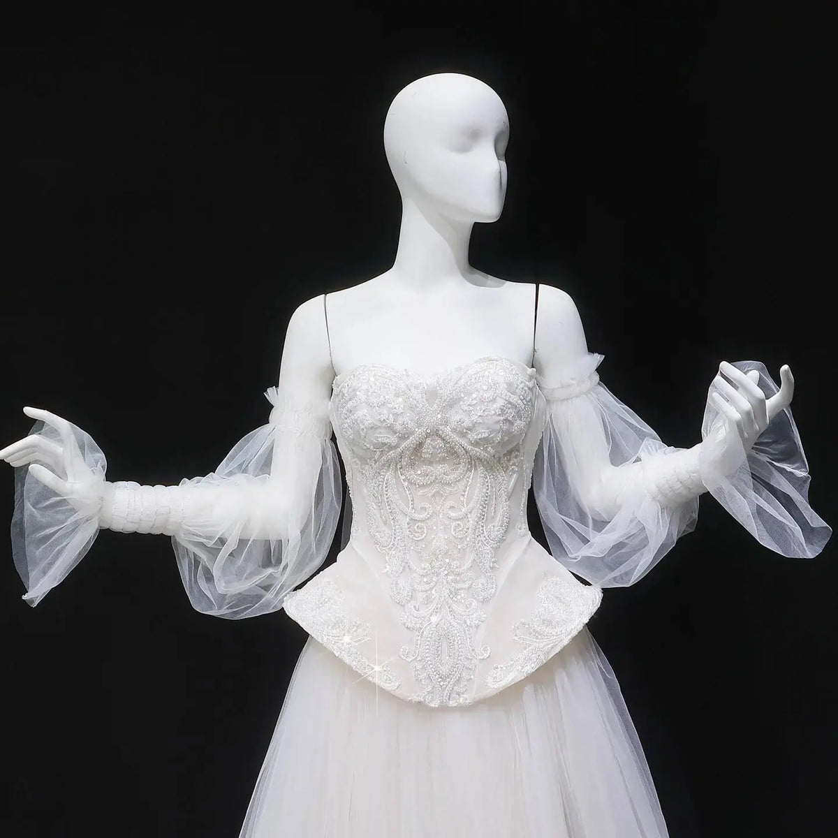 Luxury Off-the-Shoulder Lace Corset Tulle Train Wedding Dress SW126 