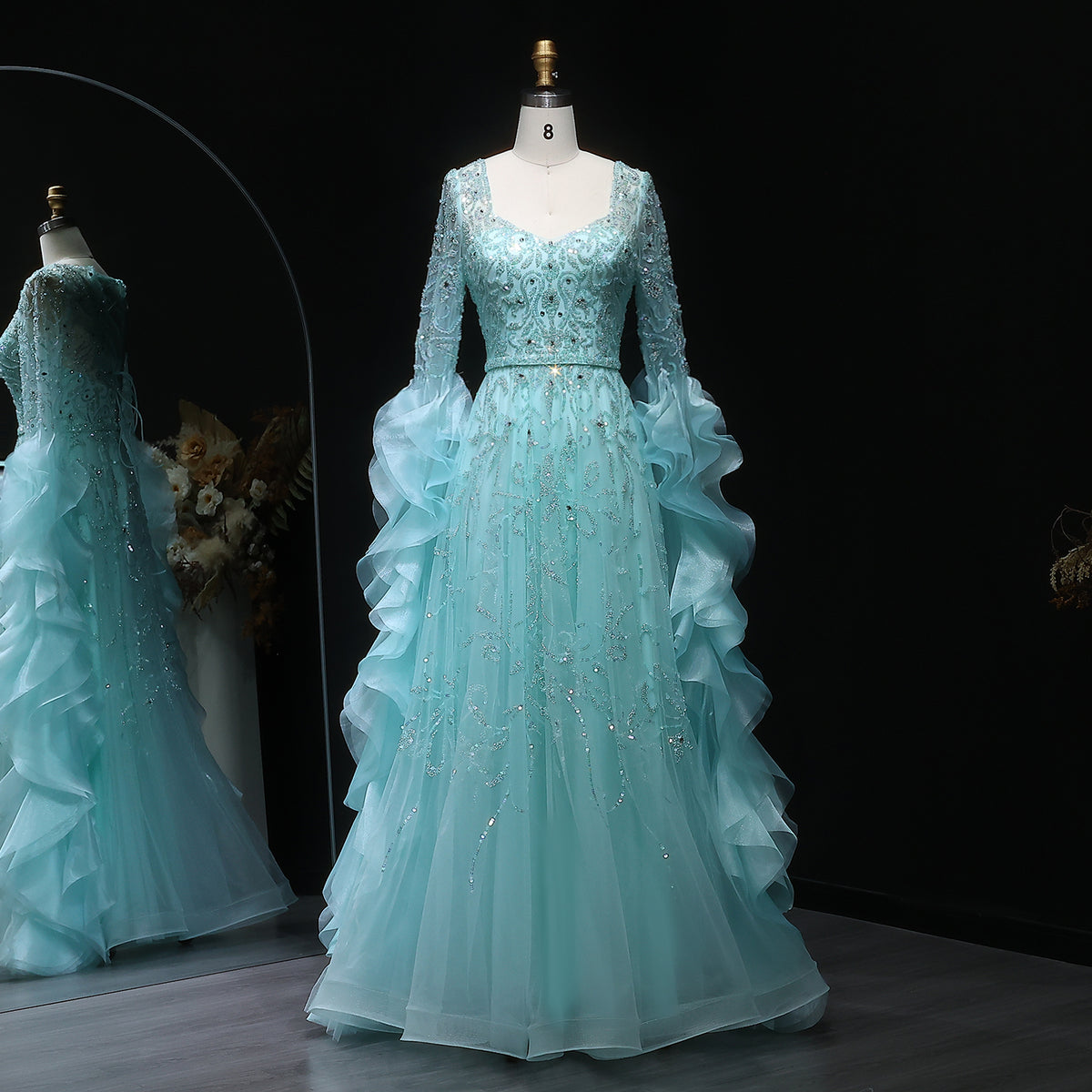 Luxury Aqua Ruffled Cape Crystal Sequin Evening Dress SS410 