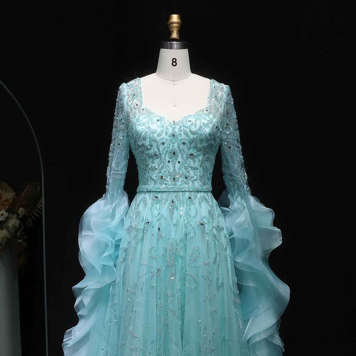 Luxury Aqua Ruffled Cape Crystal Sequin Evening Dress SS410 