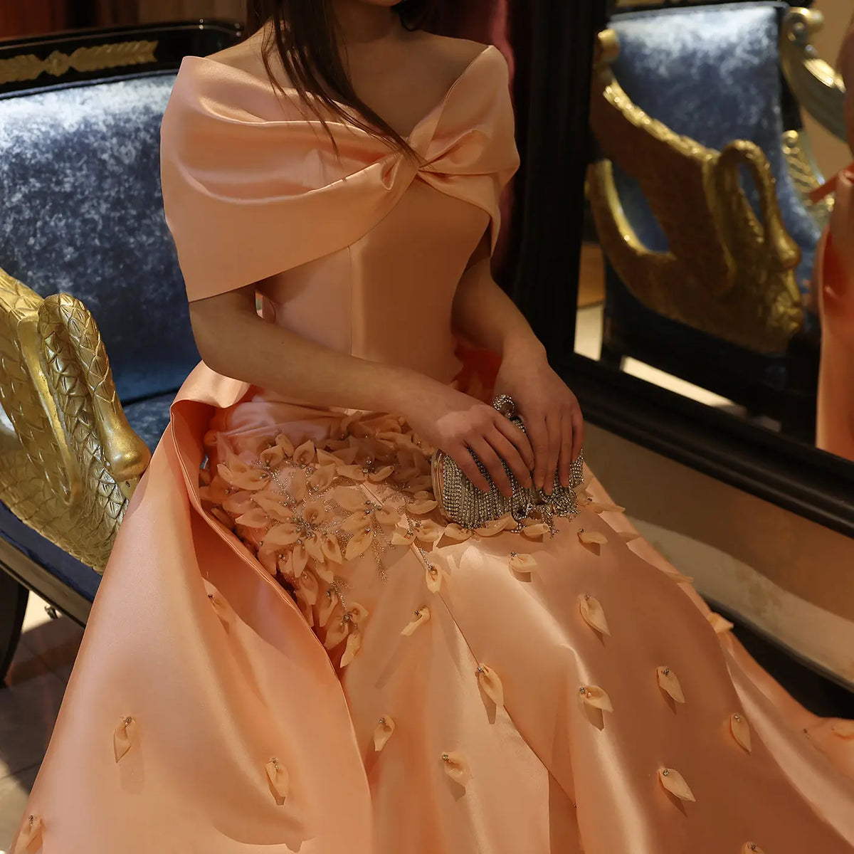 Luxury 3D Flowers Pink Off Shoulder Evening Dress SS464 
