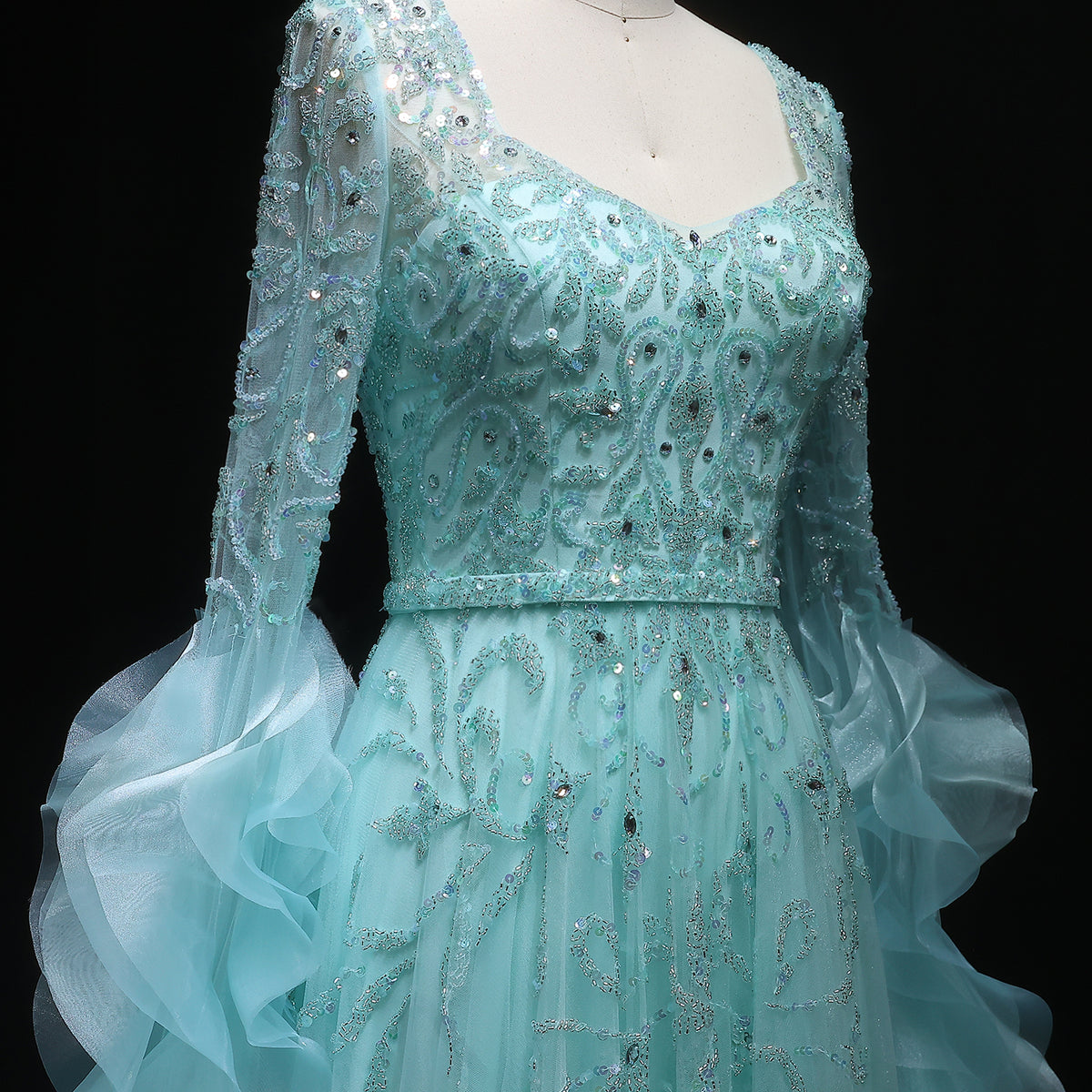 Luxury Aqua Ruffled Cape Crystal Sequin Evening Dress SS410 