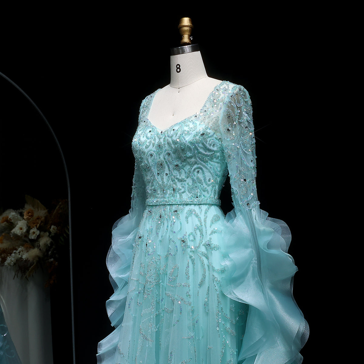 Luxury Aqua Ruffled Cape Crystal Sequin Evening Dress SS410 