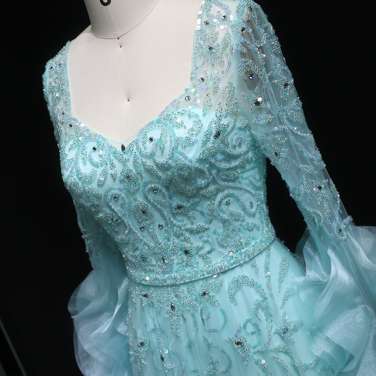 Luxury Aqua Ruffled Cape Crystal Sequin Evening Dress SS410 