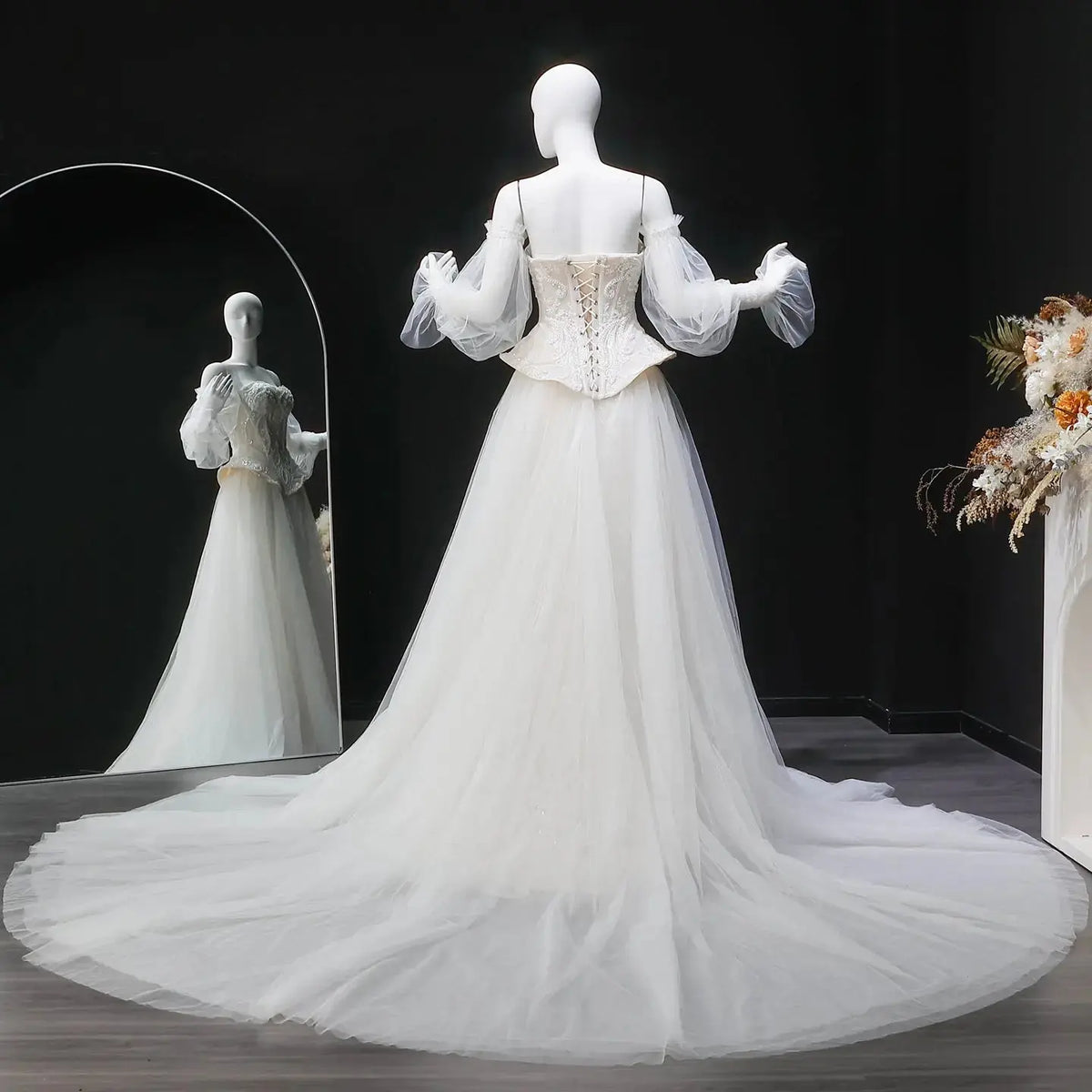 Luxury Off-the-Shoulder Lace Corset Tulle Train Wedding Dress SW126 