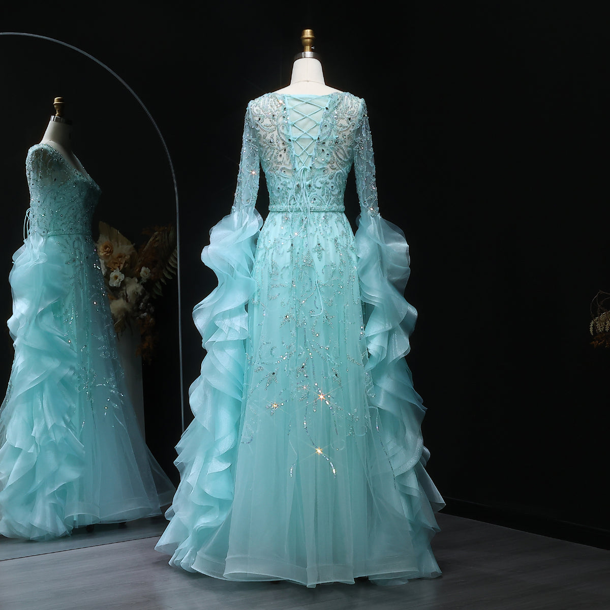 Luxury Aqua Ruffled Cape Crystal Sequin Evening Dress SS410 