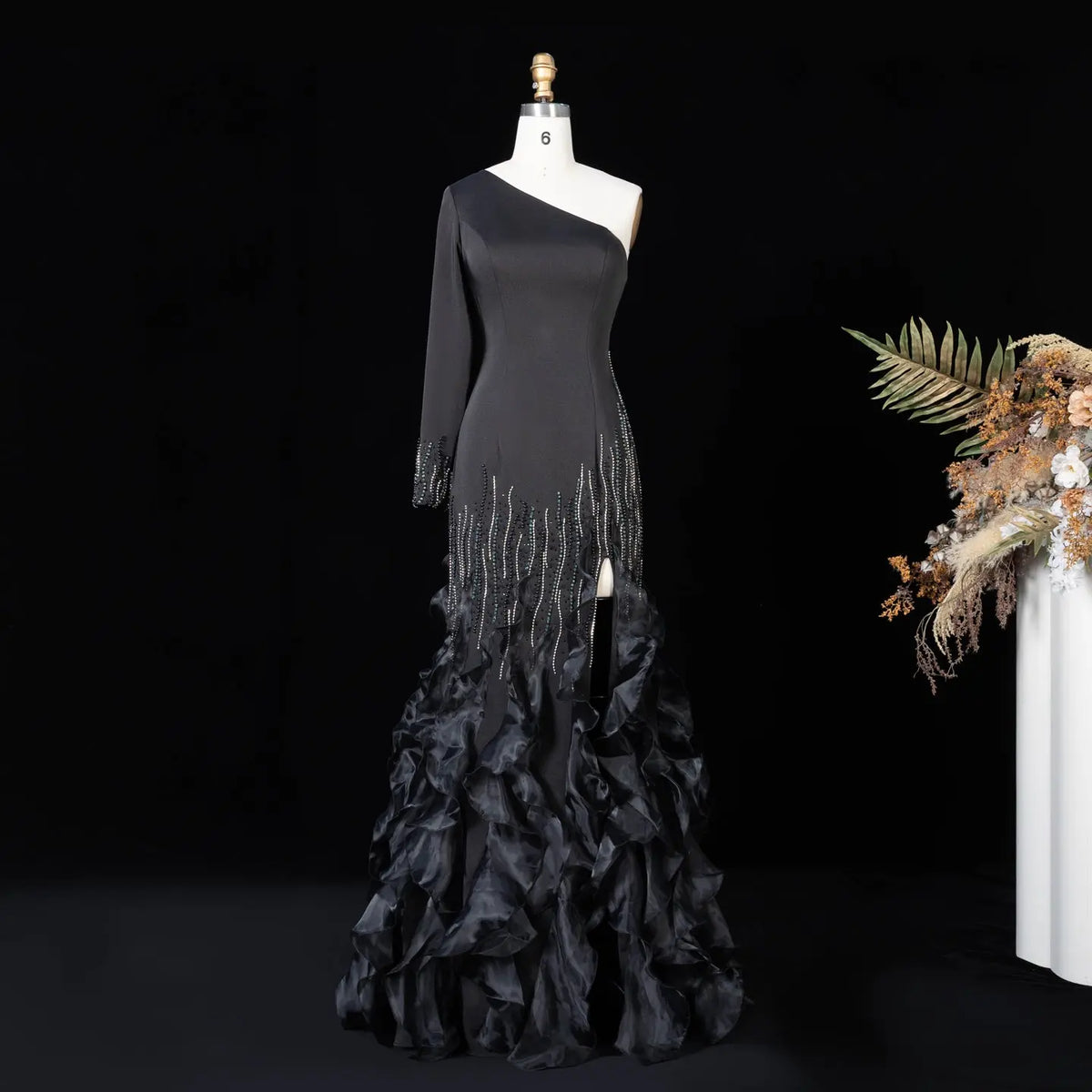 Black Fringe Beaded Mermaid Evening Dress SS596