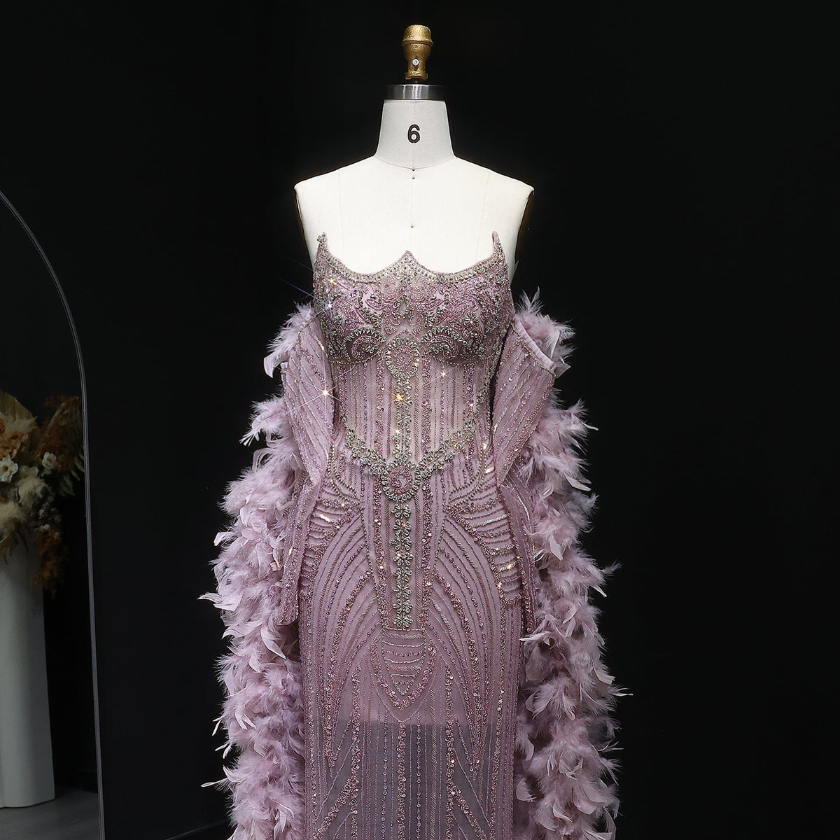 Luxury Feather Pink Beaded Mermaid Strapless Evening Dress SS067