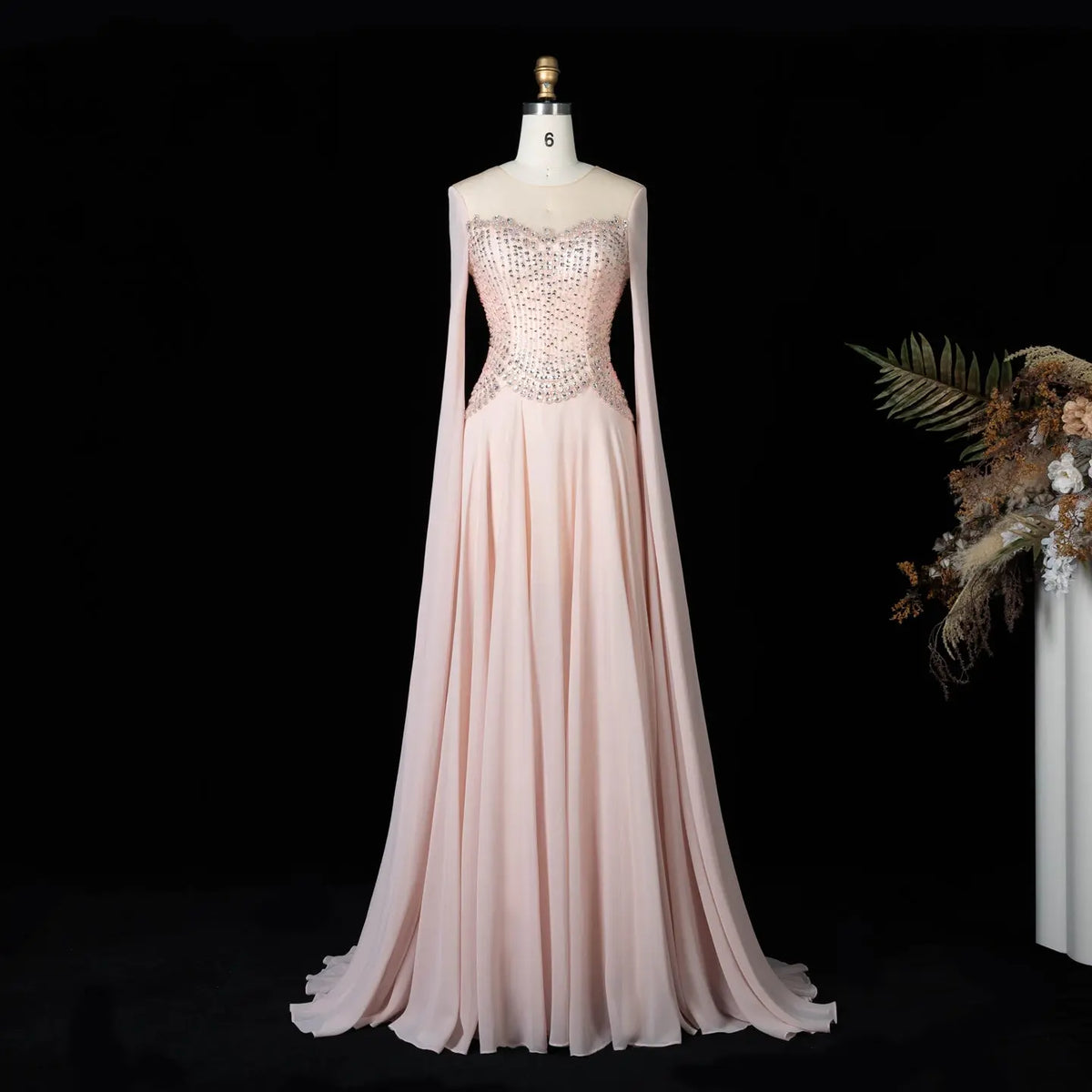Luxury Pink Beaded Flowy Cape Sleeve Evening Dress SS367 – SHARONSAID