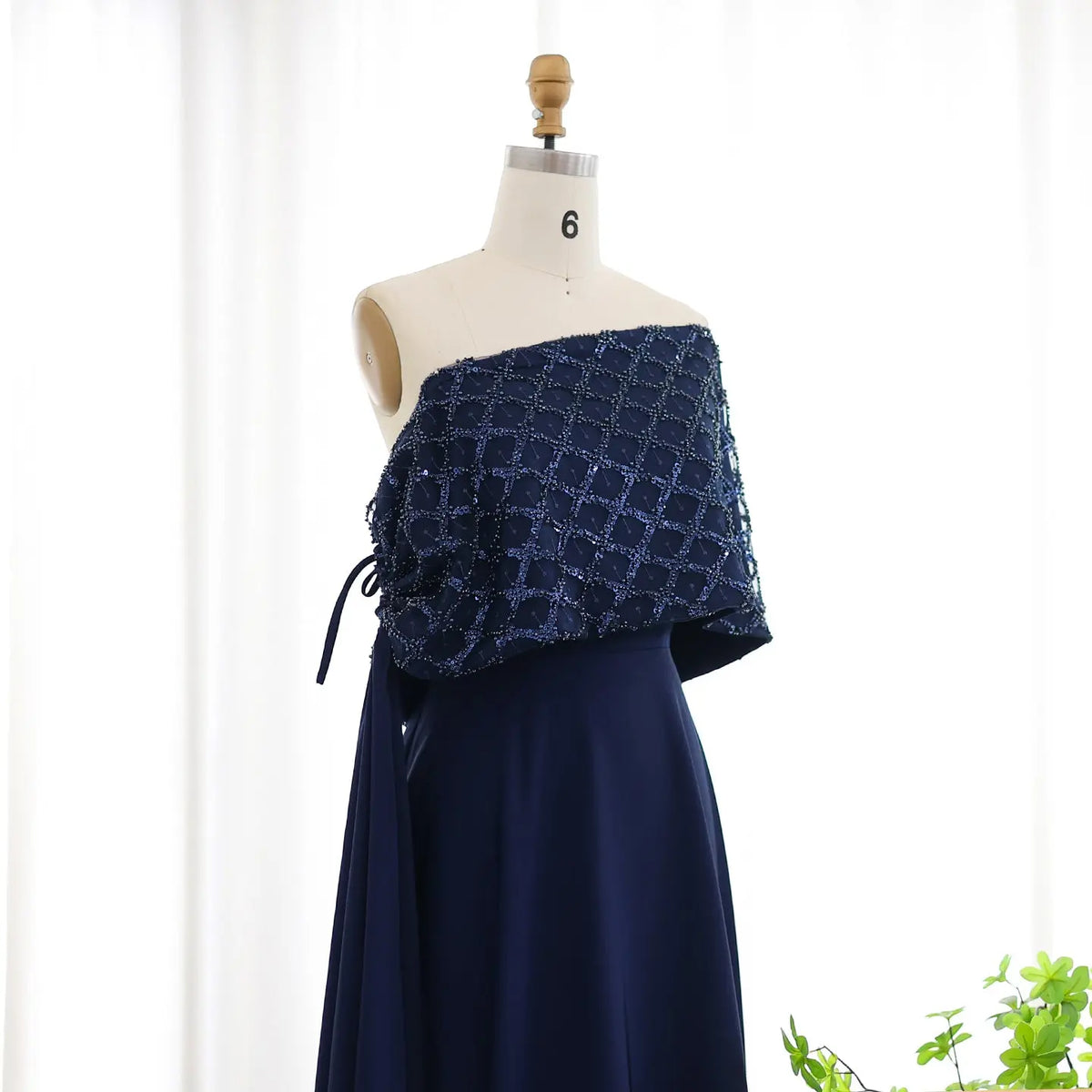 Elegant Off Shoulder Navy Blue Evening Dress with Cape SS206 - SHARONSAID Elegant Off Shoulder Navy Blue Evening Dress with Cape SS206 - SHARONSAID