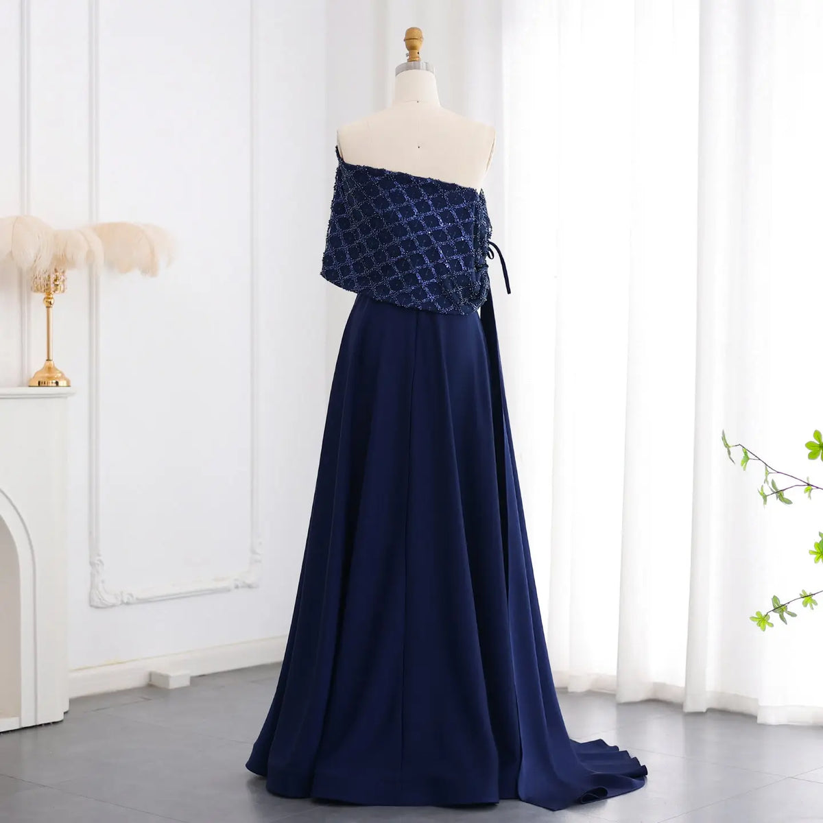 Elegant Off Shoulder Navy Blue Evening Dress with Cape SS206 - SHARONSAID Elegant Off Shoulder Navy Blue Evening Dress with Cape SS206 - SHARONSAID