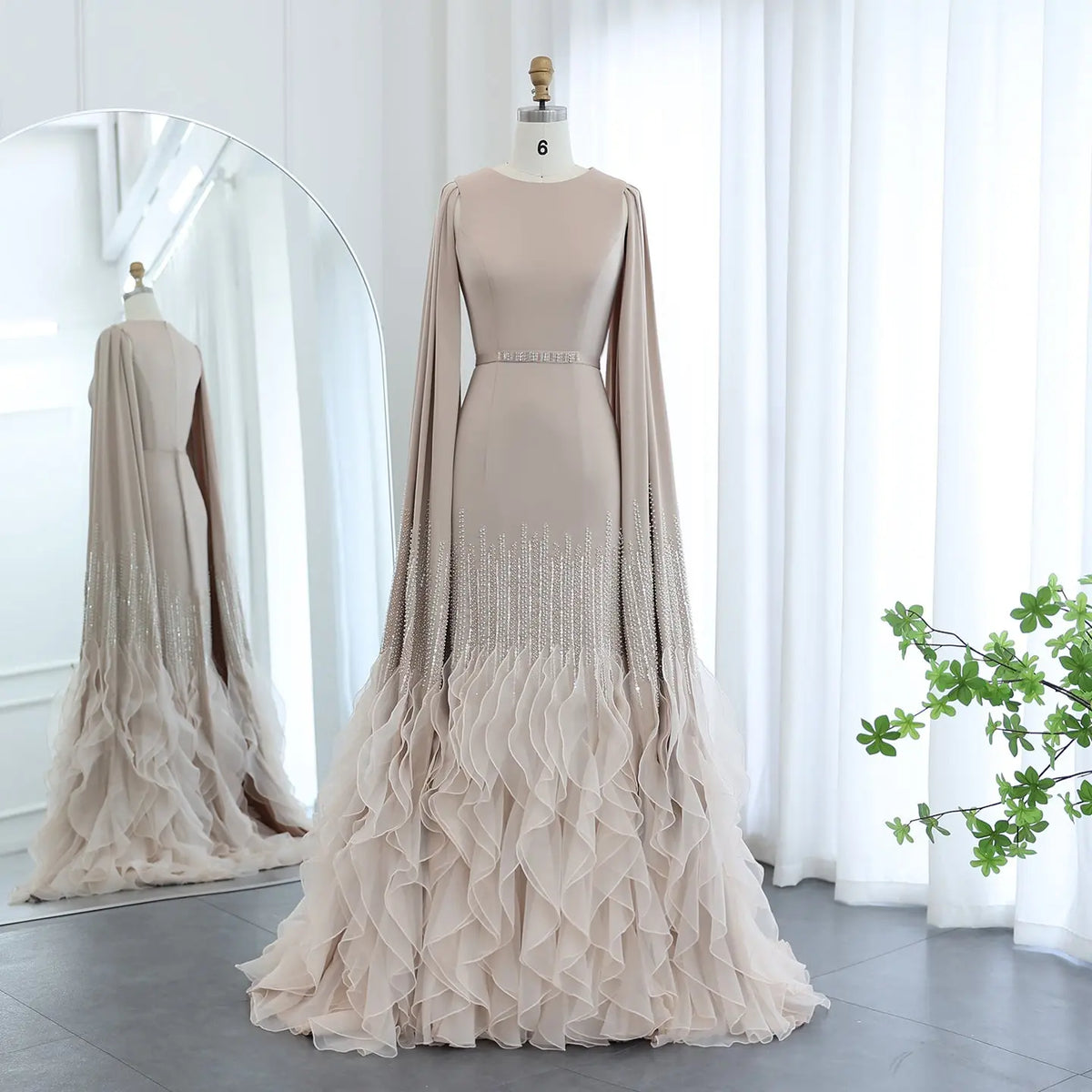 Luxury Nude Ruffles Evening Dress with Cape Sleeves SS440 