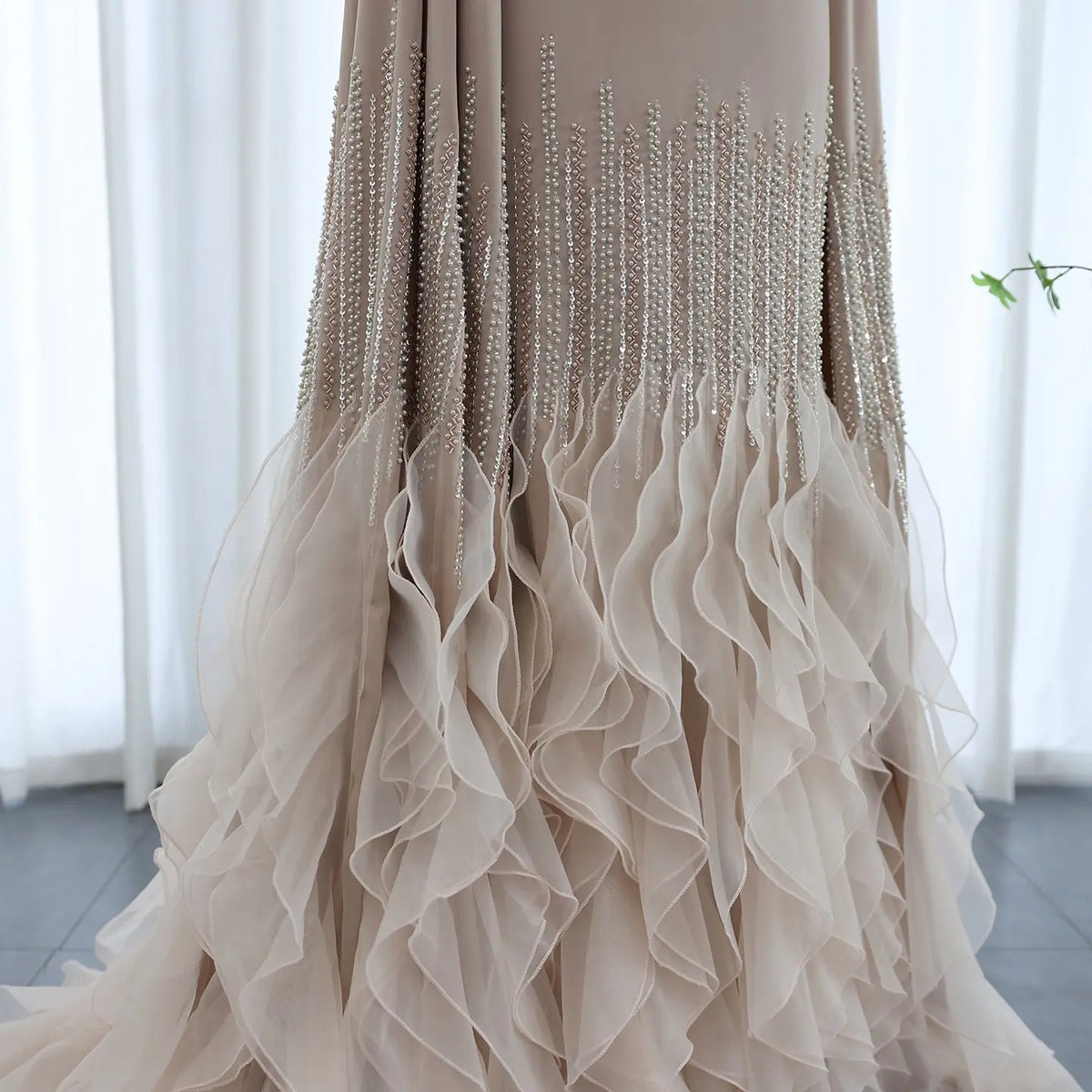 Luxury Nude Ruffles Evening Dress with Cape Sleeves SS440 - SHARONSAID Luxury Nude Ruffles Evening Dress with Cape Sleeves SS440 - SHARONSAID