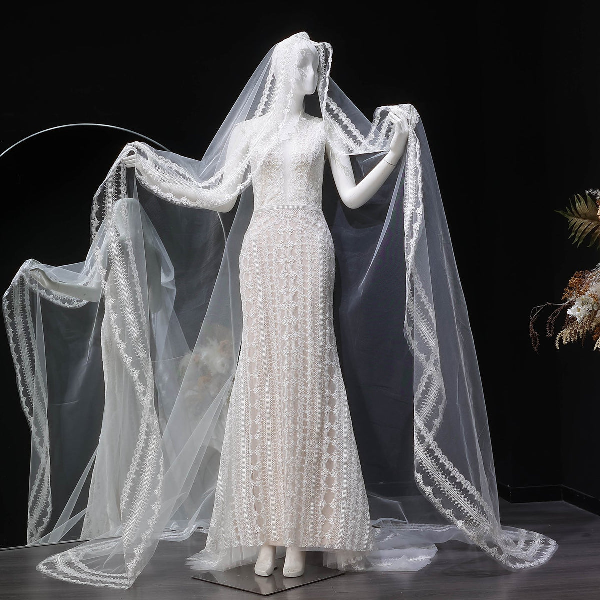 Elegant High Neck Sheer Lace Long Sleeves Mermaid Wedding Dress with Veil SW662 - SHARONSAID