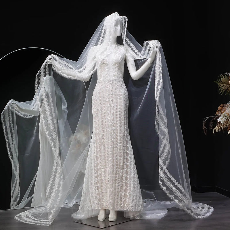 Elegant High Neck Sheer Lace Long Sleeves Mermaid Wedding Dress with Veil SW662 