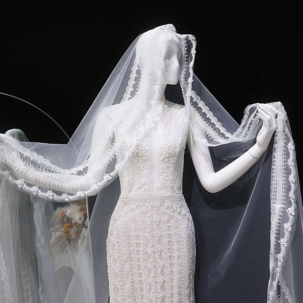 Elegant High Neck Sheer Lace Long Sleeves Mermaid Wedding Dress with Veil SW662 - SHARONSAID