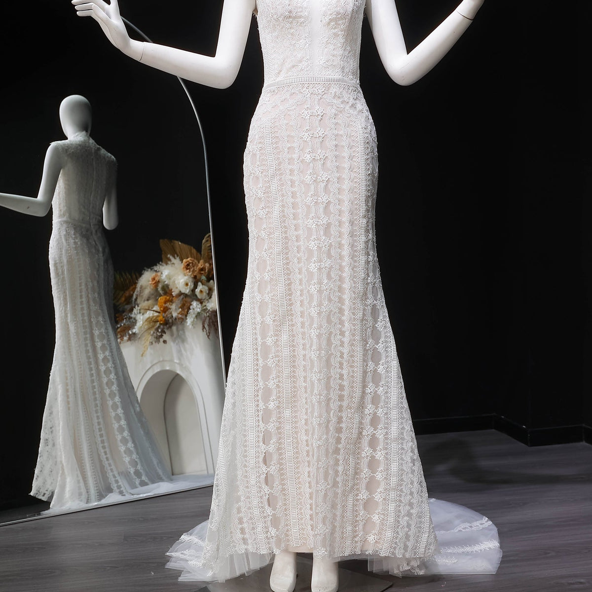 Elegant High Neck Sheer Lace Long Sleeves Mermaid Wedding Dress with Veil SW662 - SHARONSAID