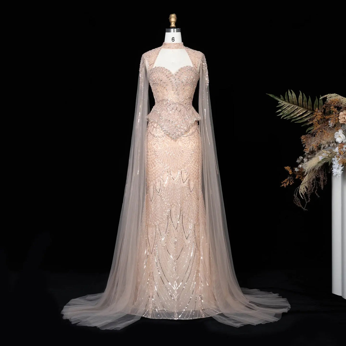Champagne Beaded Mermaid Cape Evening Dress SS018