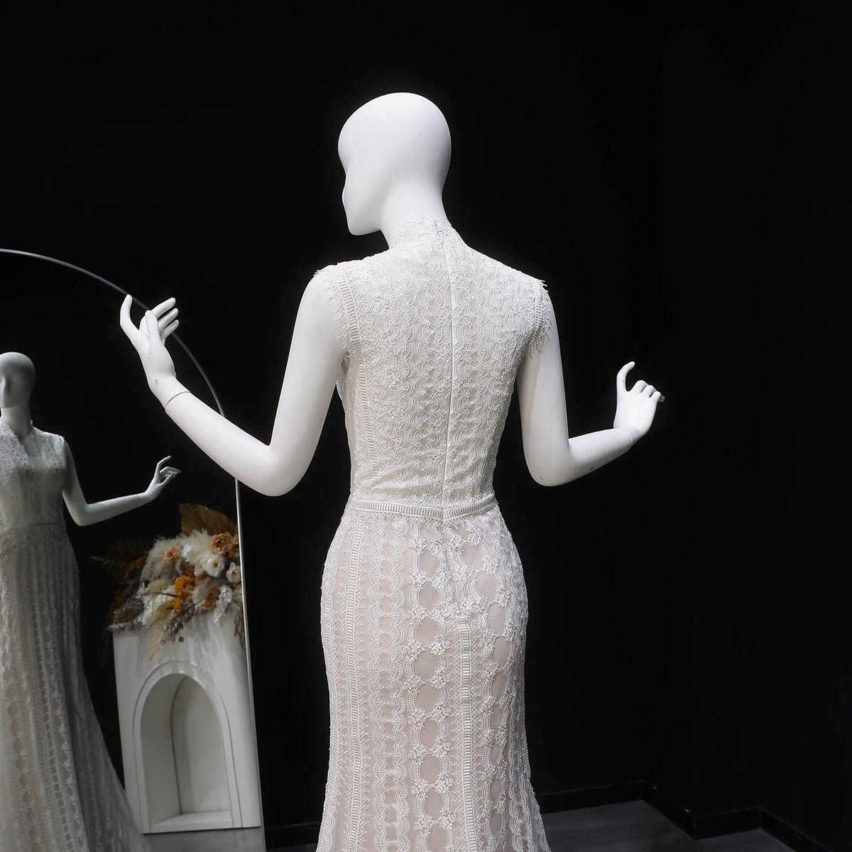 Elegant High Neck Sheer Lace Long Sleeves Mermaid Wedding Dress with Veil SW662 - SHARONSAID