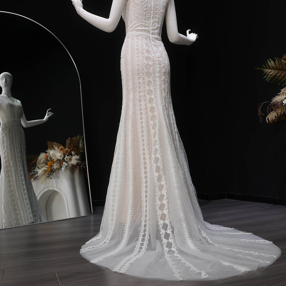 Elegant High Neck Sheer Lace Long Sleeves Mermaid Wedding Dress with Veil SW662 - SHARONSAID