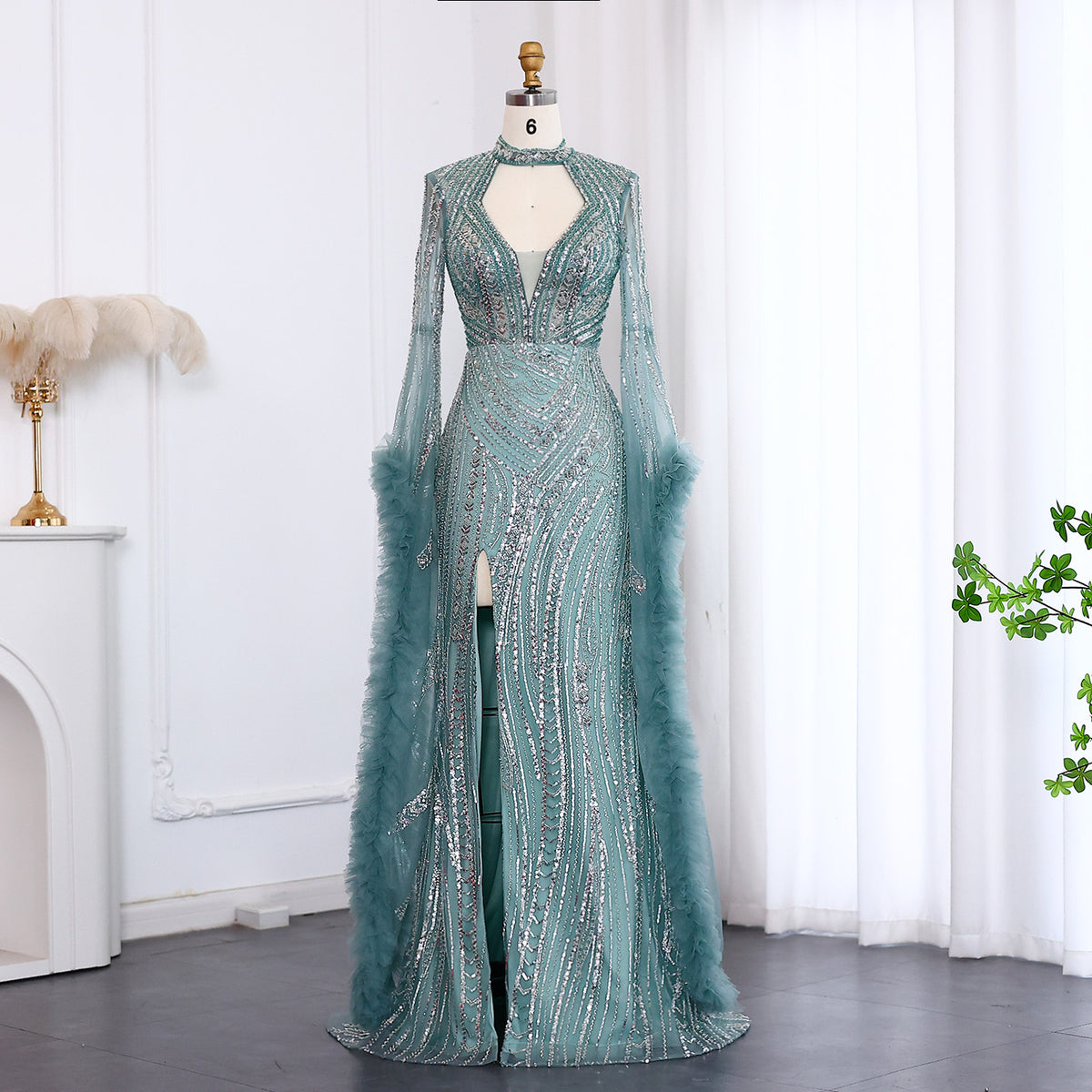 Luxury Sage Green Evening Dress with Cape Sleeves SS020