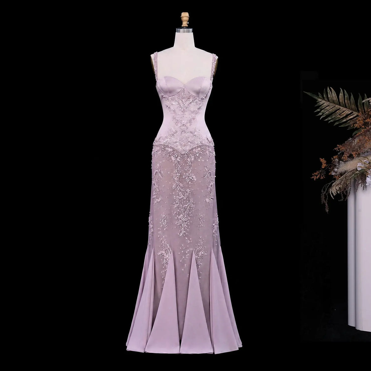 Pink Bell Sleeve Mermaid Beaded Evening Dress SS211-10