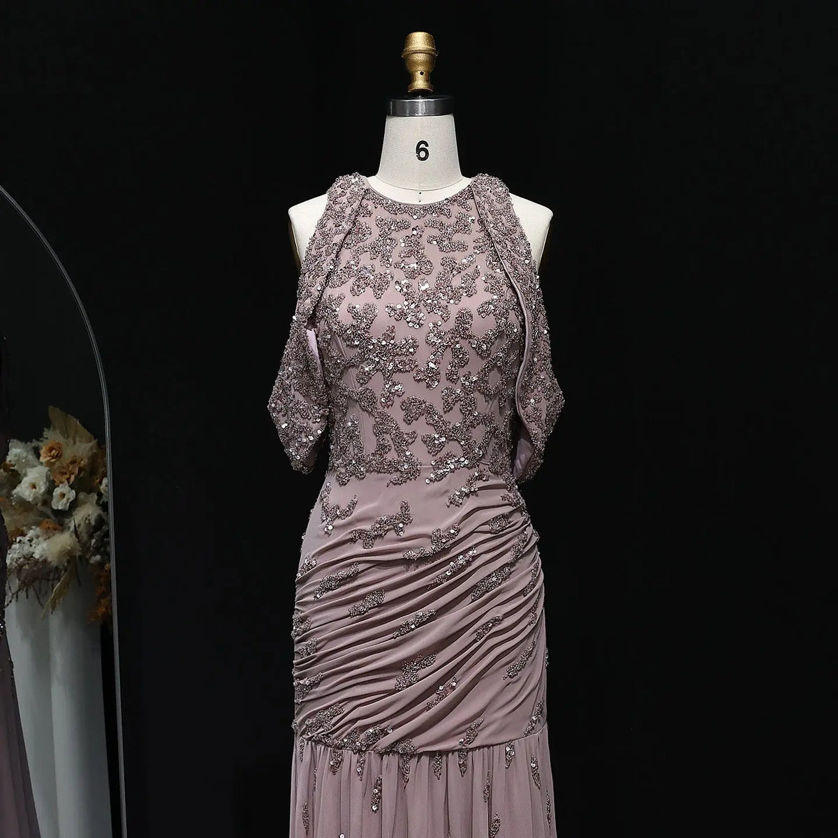 Luxury Beaded Mauve Snap Sleeves Evening Dress SS559 