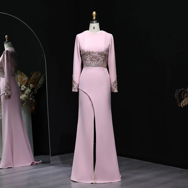 Luxury Pink Long Sleeve Beaded Waist Fitted Evening Dress SS525 
