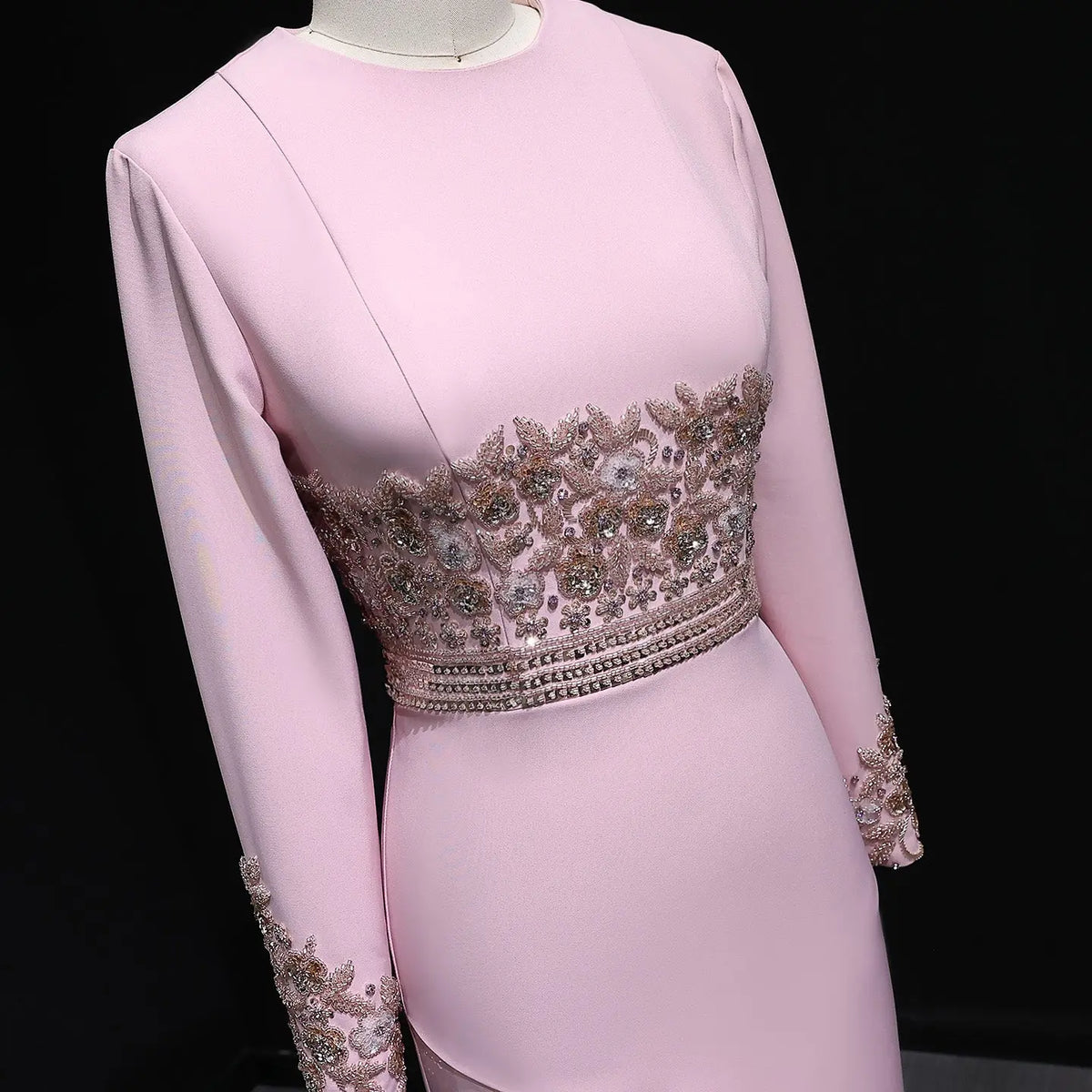 Luxury Pink Long Sleeve Beaded Waist Fitted Evening Dress SS525 