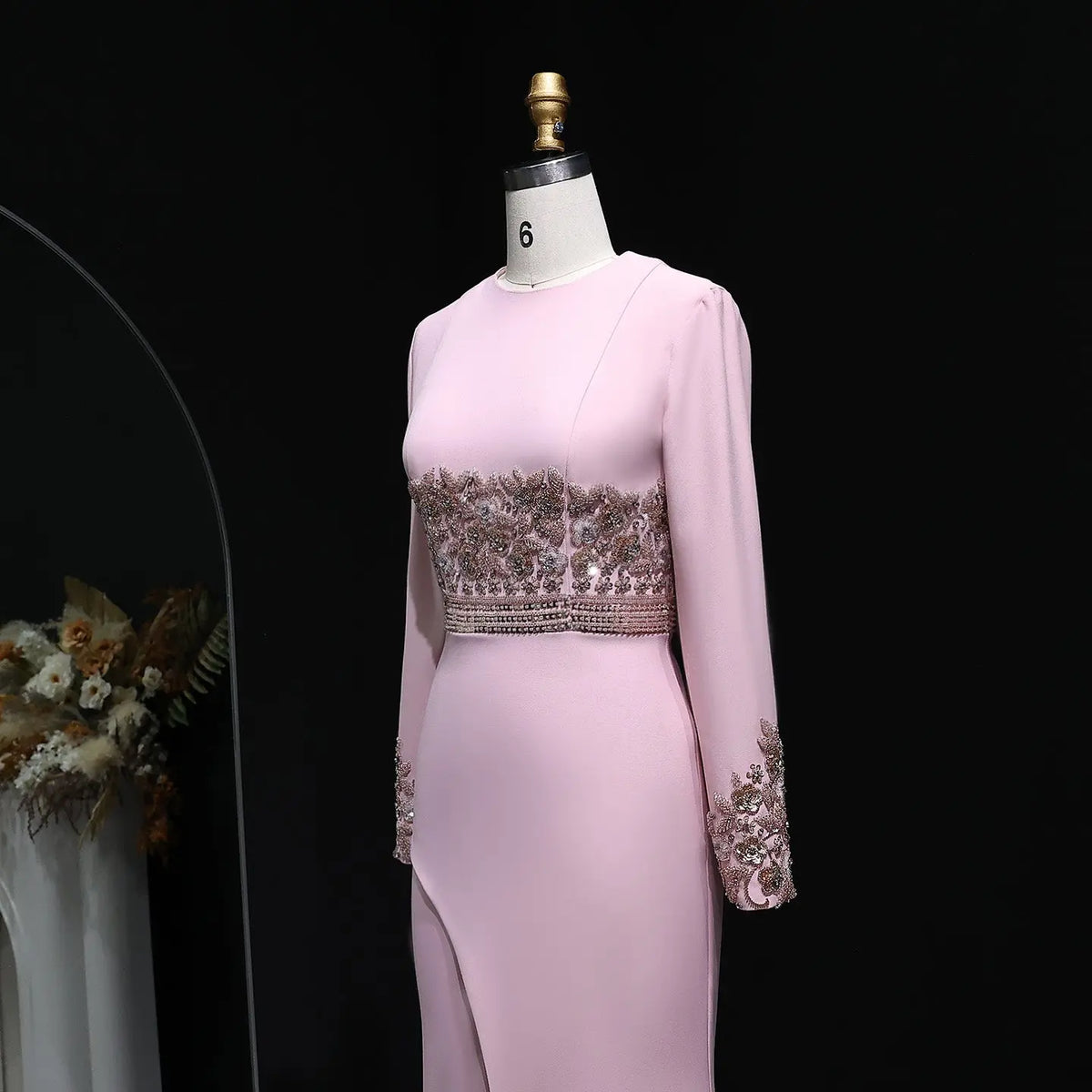 Luxury Pink Long Sleeve Beaded Waist Fitted Evening Dress SS525 