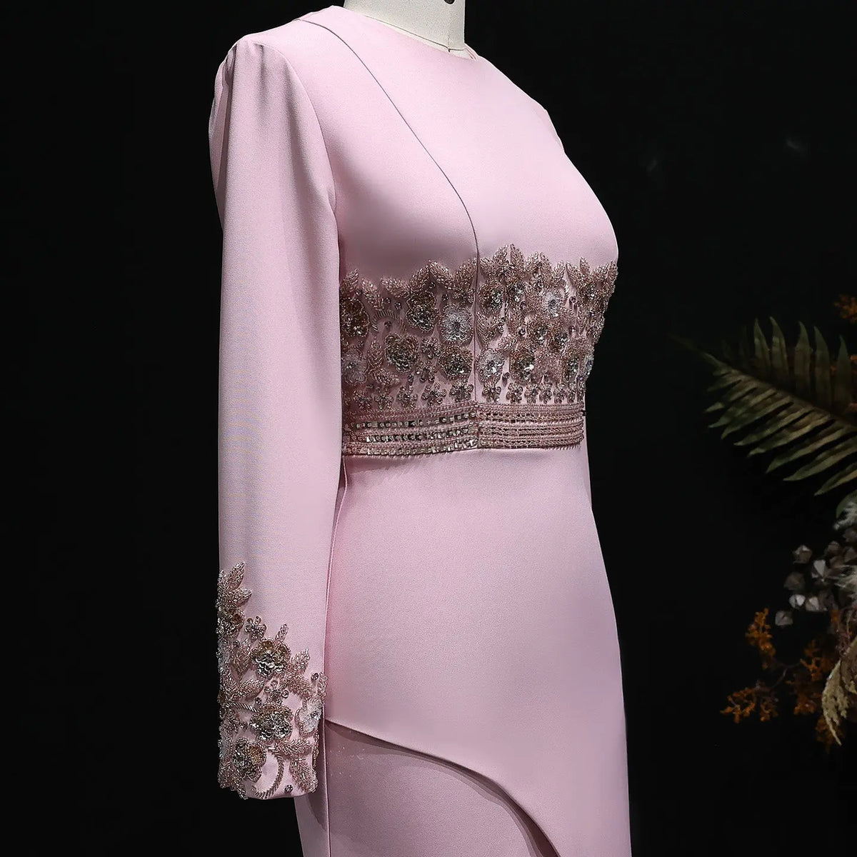 Luxury Pink Long Sleeve Beaded Waist Fitted Evening Dress SS525 