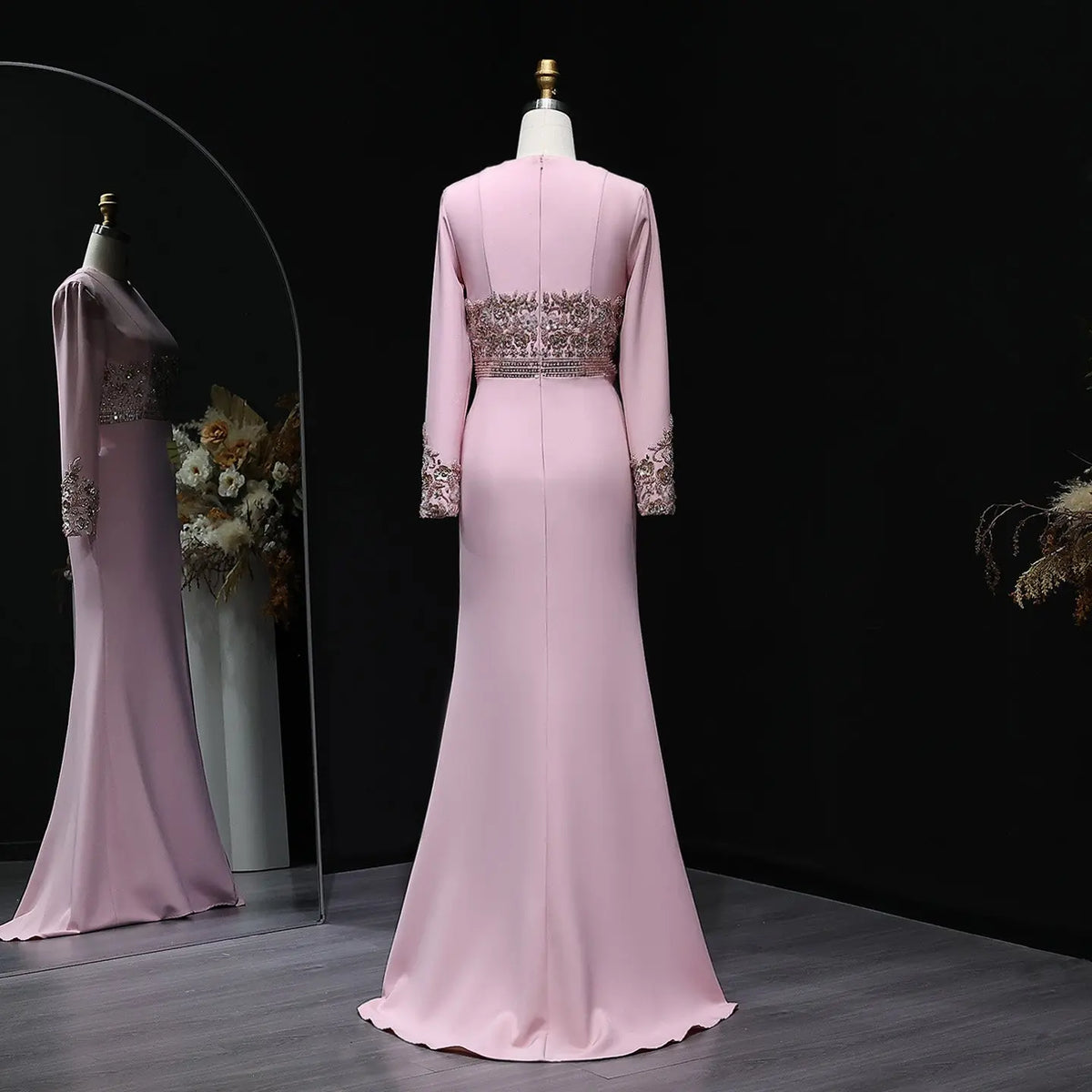 Luxury Pink Long Sleeve Beaded Waist Fitted Evening Dress SS525 