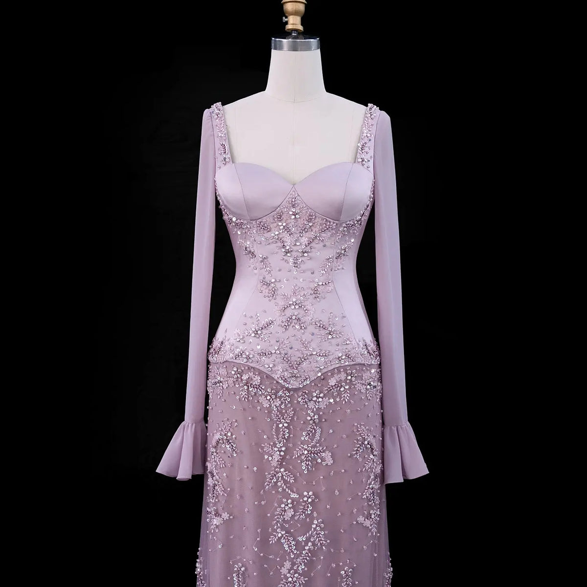 Pink Bell Sleeve Mermaid Beaded Evening Dress SS211-3