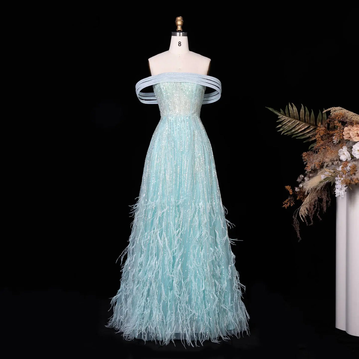 Luxury Feathers Aqua Off Shoulder Evening Dress SS435-2