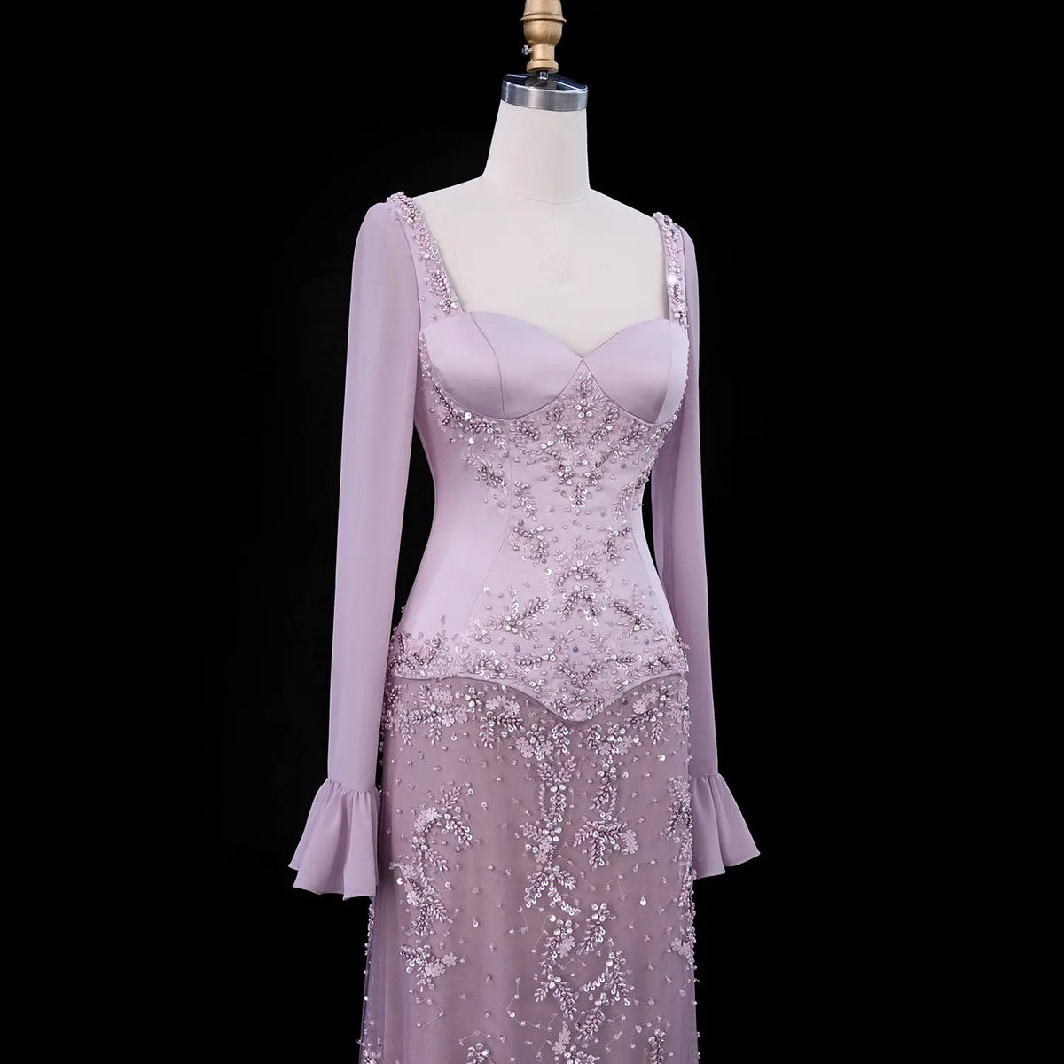 Pink Bell Sleeve Mermaid Beaded Evening Dress SS211-7