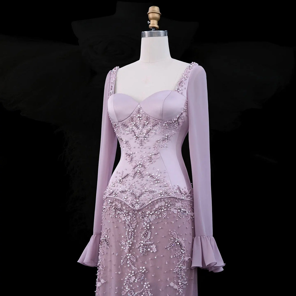 Pink Bell Sleeve Mermaid Beaded Evening Dress SS211-4
