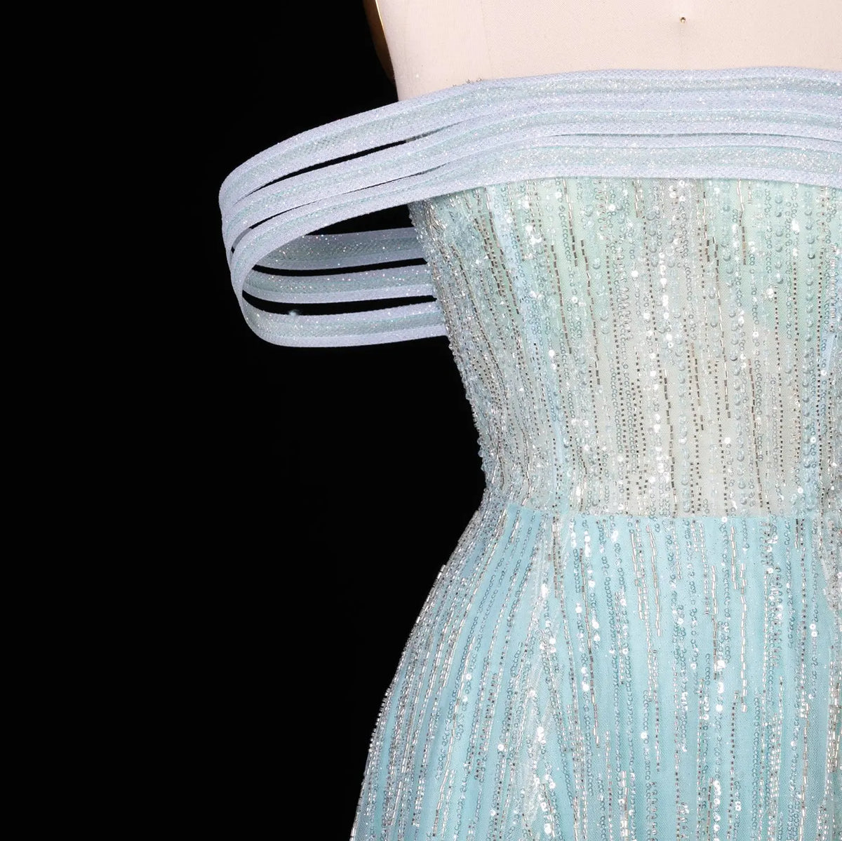 Luxury Feathers Aqua Off Shoulder Evening Dress SS435-5