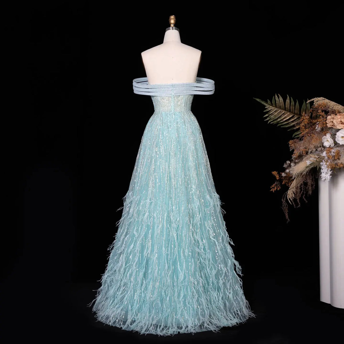 Luxury Feathers Aqua Off Shoulder Evening Dress SS435-3