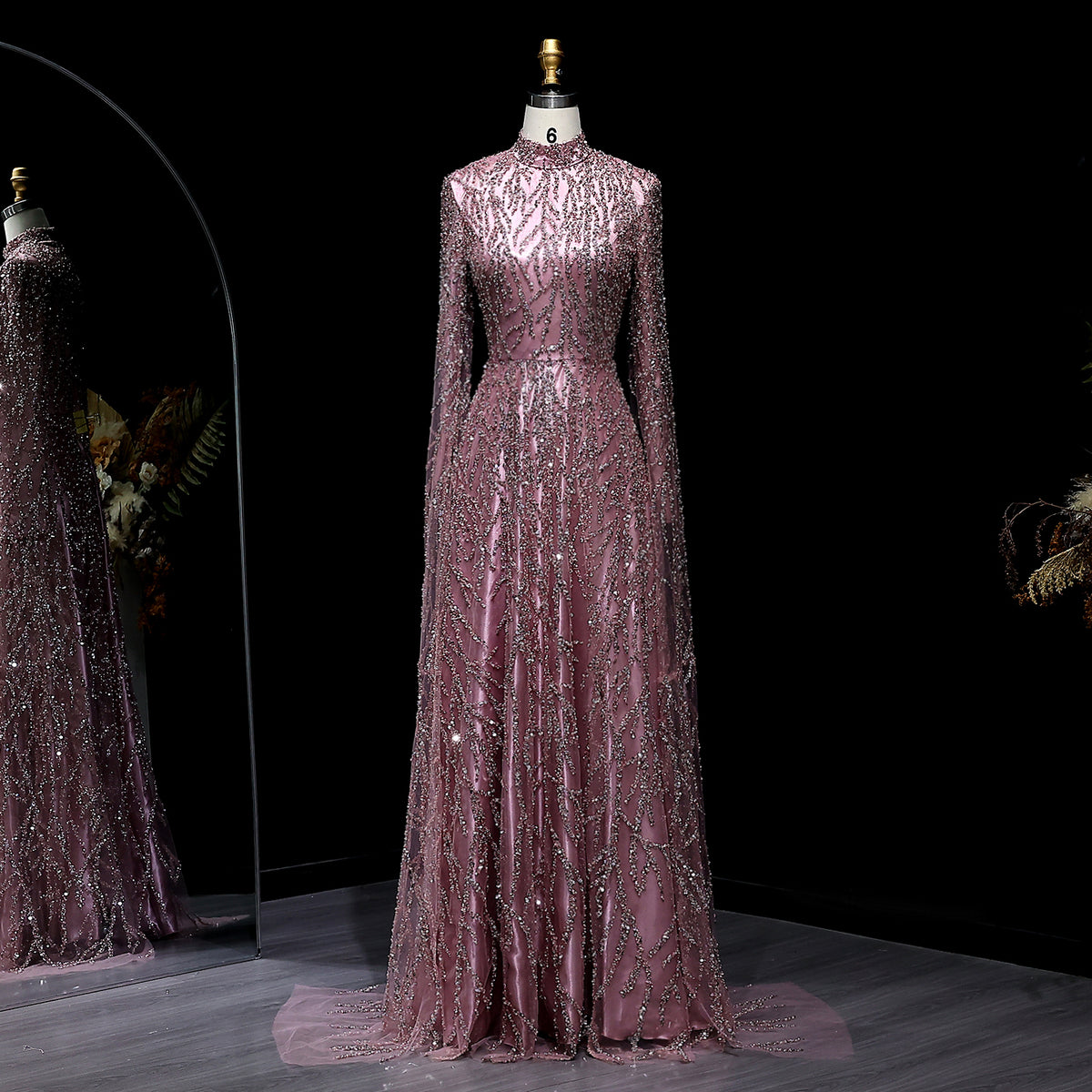Elegant Dusty Pink Sequin Beaded Long Sleeve Evening Dress SS621 