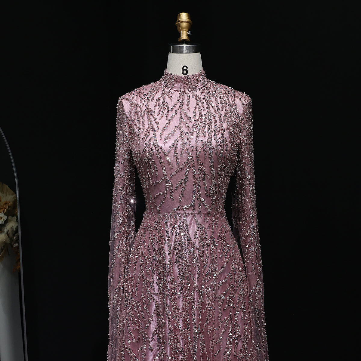 Elegant Dusty Pink Sequin Beaded Long Sleeve Evening Dress SS621 